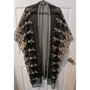 Floral Embroidered Lace and Mesh Kimono Black and White Duster 2XL to 3XL